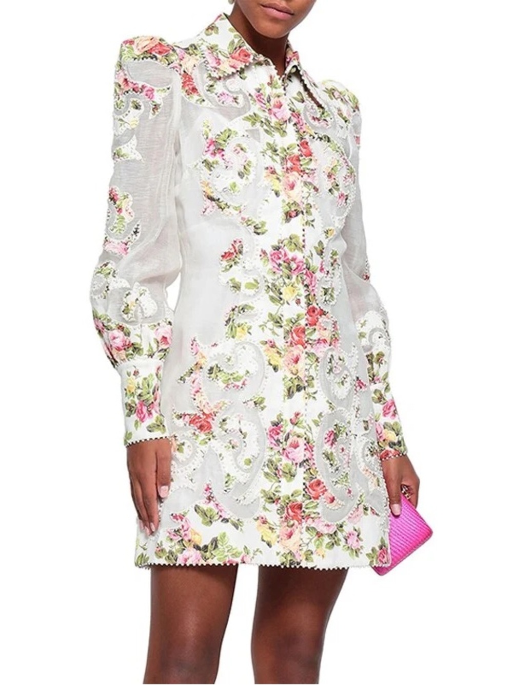 White Organza Floral Lace-Embellished belted Mini Dress with Pink Roses